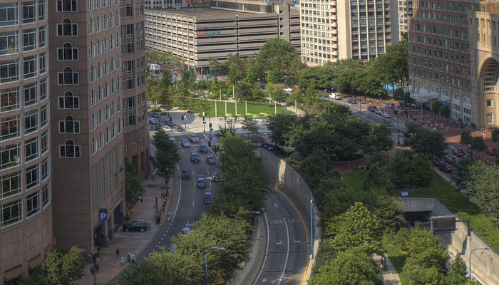 Aerial Shot of Downtown Boston Rose Kennedy Greenway 