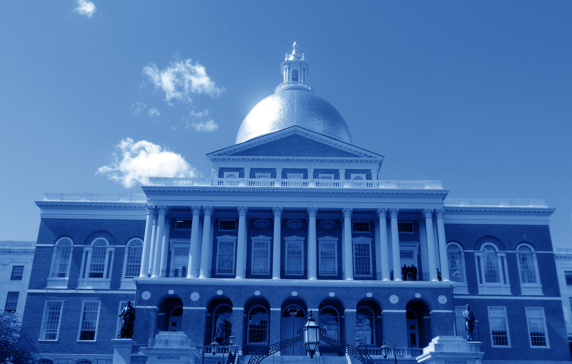 Blue tone photograph of the Massachusetts State House